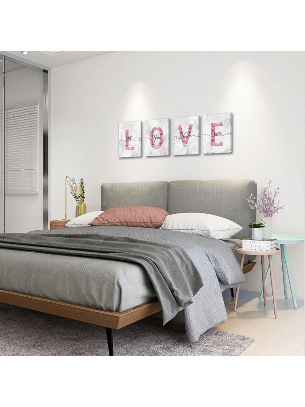 Glam Pink Canvas Wall Art - Love Quotes Decor for Bedroom & Bathroom, Glitter